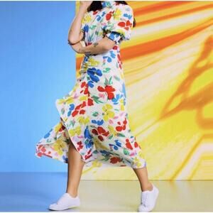 Rixo Floral Midi Dress Mock Neck Ruched Waist Cascade Ruffle Size 6